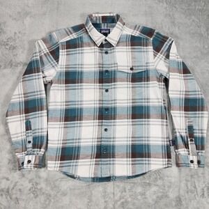 Patagonia Shirt Mens Small Fjord Flannel Blue Brown Plaid Organic Cotton Button